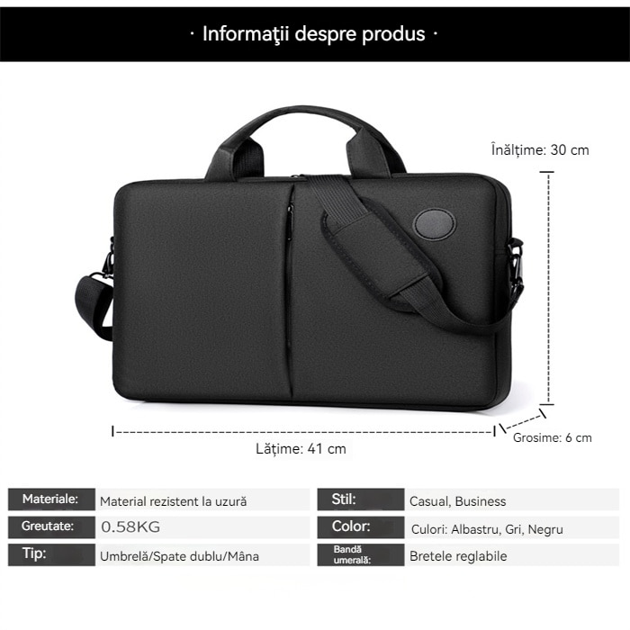 Geantă laptop 15.6", impermeabilă, curea de umăr detasabilă, neagră