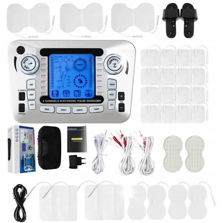 Електростимулатор двоен, пълен комплект с 27 електрода, 2 техники на стимулация EMS и TENS, включени аксесоари, мобилен, с чанта за носене