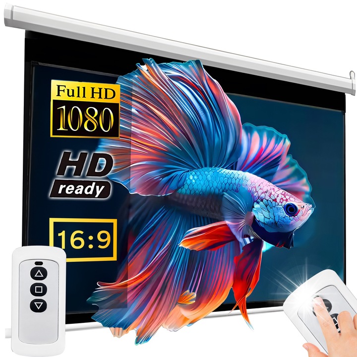 Електрически прожекционен екран, 265x179 см, бял, с дистанционно управление, пълен комплект
