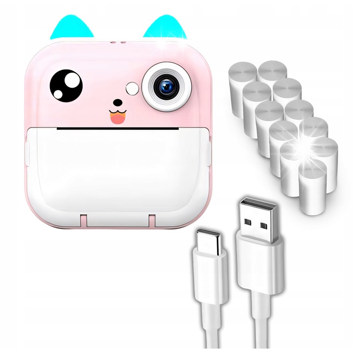 Фотоапарат с термопринтер Drukus 3.0 Pro, 48 MP, розов, комплект с 11 ролки хартия