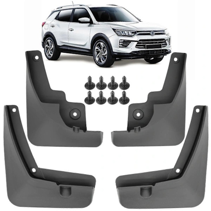 Set 4 bucati, Aparatori noroi (bavete) pentru Korando C300 2019-2021, fata si spate, modelate pe contur, incl. suruburi si clipsuri, Negru