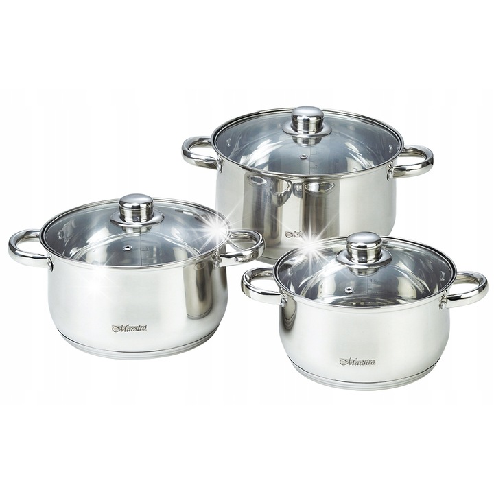Комплект 3 тенджери от неръждаема стомана със стъклен капак Maestro MR2020-6M, 2л, 3л, 4л