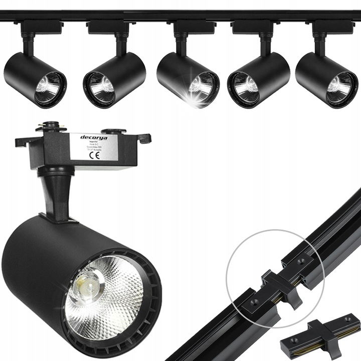 Комплект 5 LED спота 30W, Decorya, 2м, черен цвят, топла бяла светлина