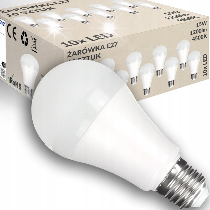 Комплект 10 LED крушки E27 15W 4000K, Decorya, Неутрално бяло, 1200lm