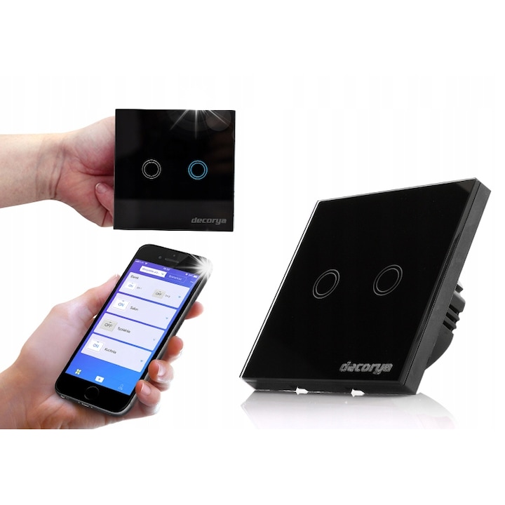 Decorya intelligens kapcsoló, üveg, 2 csatornás, WiFi, fekete, 86x86x36mm