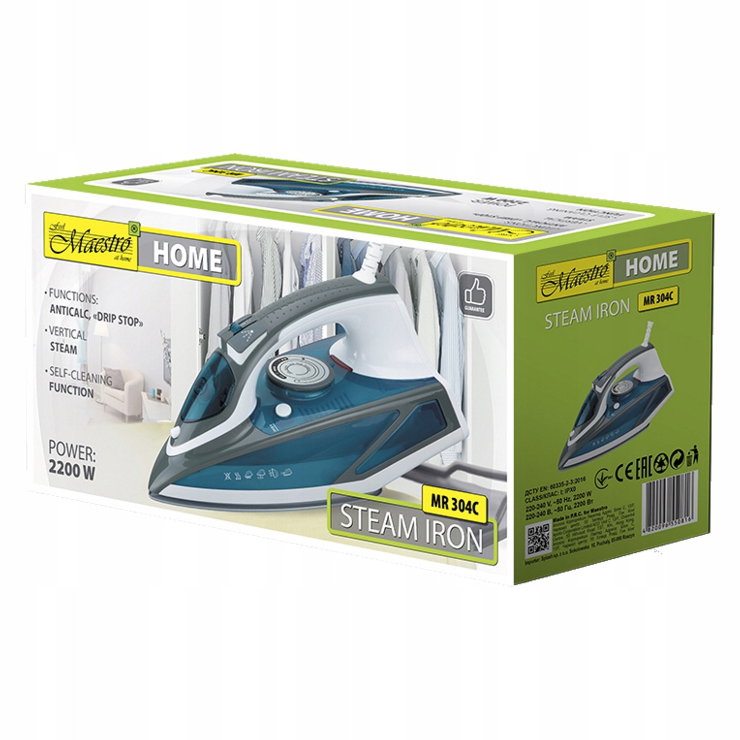 Fier de calcat cu abur Maestro MR 304C, 2200W, functie de auto-curatare, protectie impotriva scurgerilor, alb