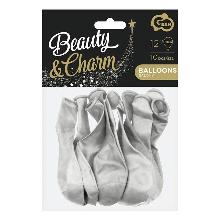 Lufi szett 10 db, Beauty&Charm, metál, ezüst, 12"
