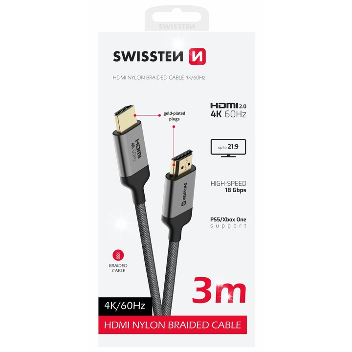 Кабел HDMI Swissten, 4K 60Hz 3м, найлон, 18 Gb/s
