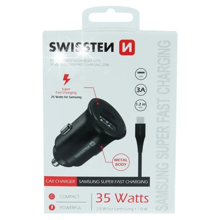 Incarcator auto Swissten 25W 2xUSB-C negru cu cablu 1,2m Type-C