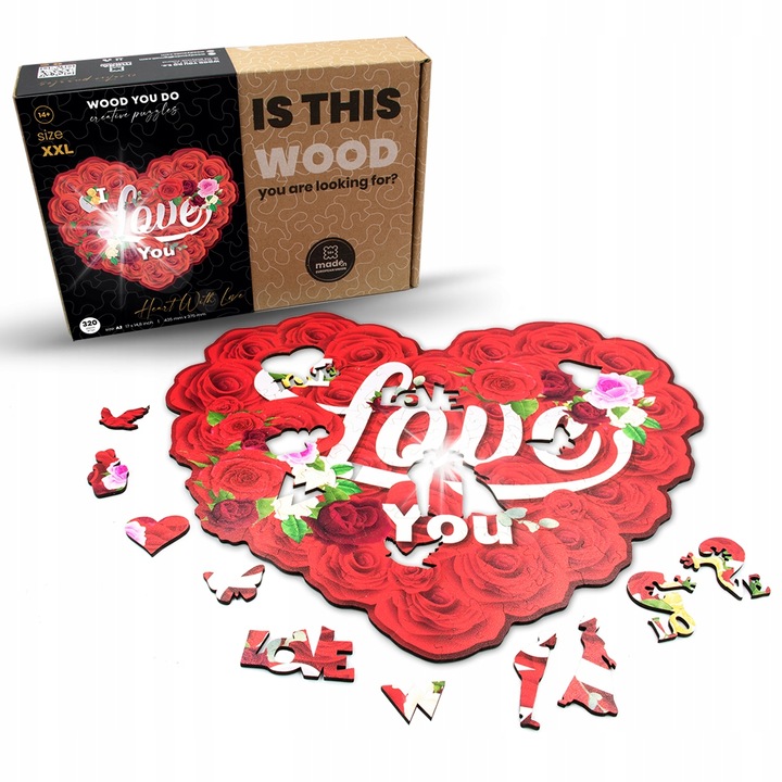 Fajáték, Woodyoudo, szív, 140 darab, 29x33cm, összeszerelő készlet mellékelve