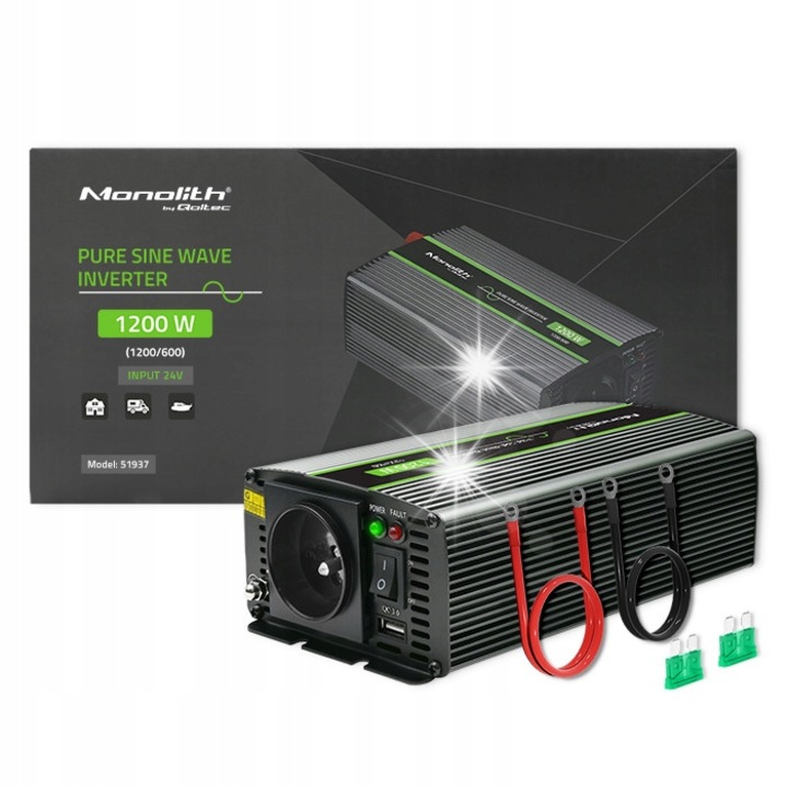 Инвертор за кола Qoltec Monolith 1200W, 24V, черен