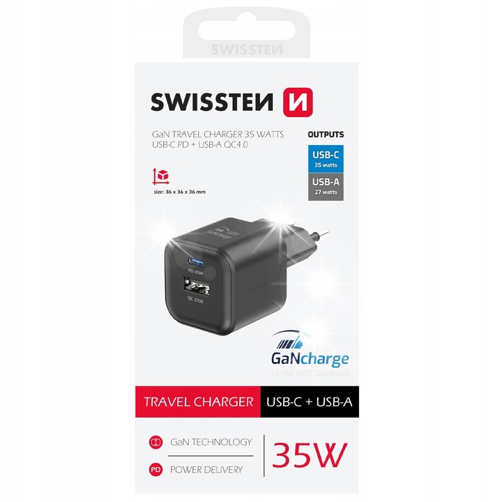 Incarcator rapid de retea GaN 1x USB-C 35W + 1x USB-A 27W set, Swissten, 36x36x36mm