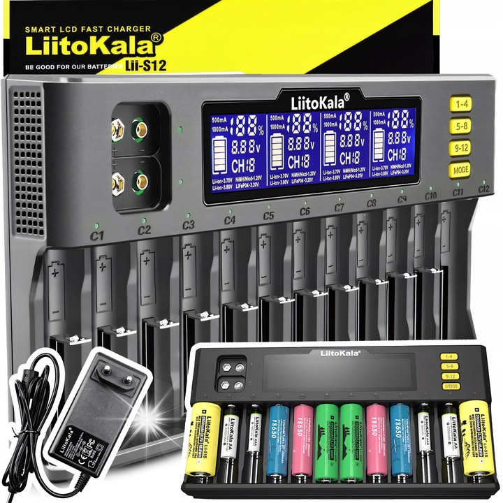 Универсално зарядно устройство за AA AAA, Liitokala, 12 канала, LCD, 14,4x3,5x28,5см