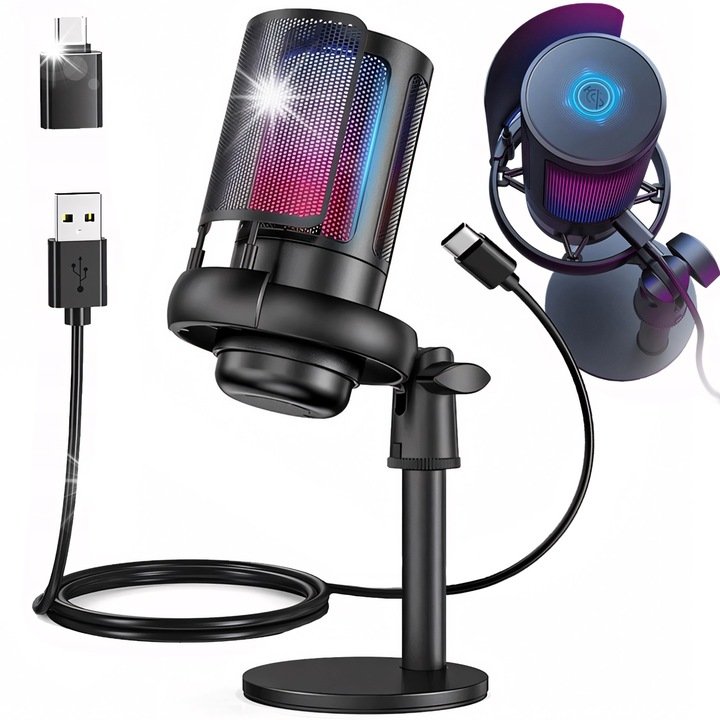 Геймърски USB микрофон Retoo ER1190, поп филтър, функция за намаляване на шума, черен, 1,7м