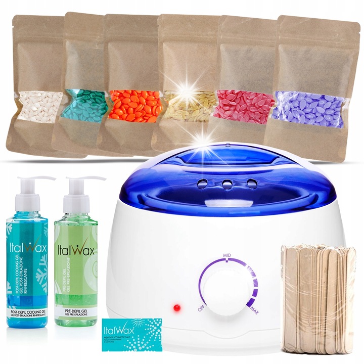 Комплект ItalWax 6x100g Твърда кола маска + Нагревател + Шпатули + Препарат преди и след епилация