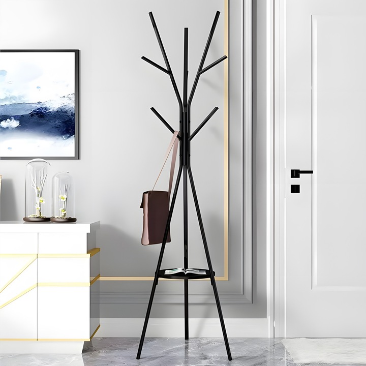 Fekete fém ruhaállvány, RETOO, 180 cm, 9 kampó, modern design, komplett szett