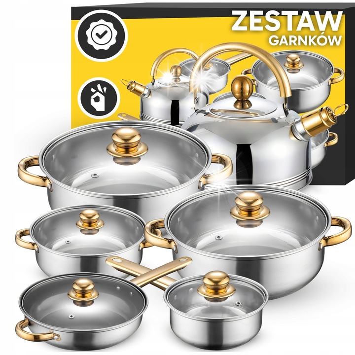 Комплект 11 кухненски съда, Retoo, неръждаема стомана със златни детайли, за газови котлони, индукционни, различни размери