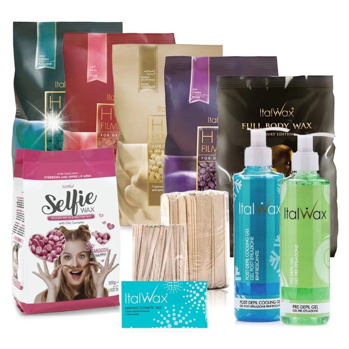 Комплект за депилация ItalWax, 6x кола маска 100g, гел преди и след депилация 100ml, шпатули 50+10, пудра 3g