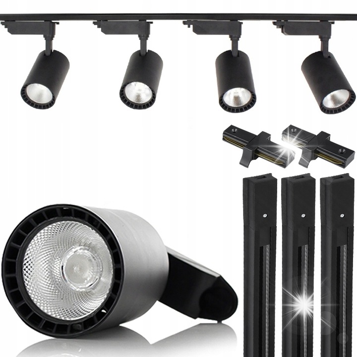 Комплект 4 LED спота 30W, Decorya, Черен, 3м, Студена Бяла Светлина