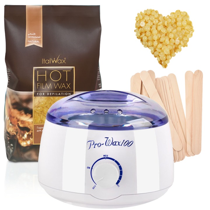 Set Depilare ItalWax: Incalzitor Pro-Wax 100, 1kg Ceara Naturala, 10 Spatule, pentru Zone Sensibile