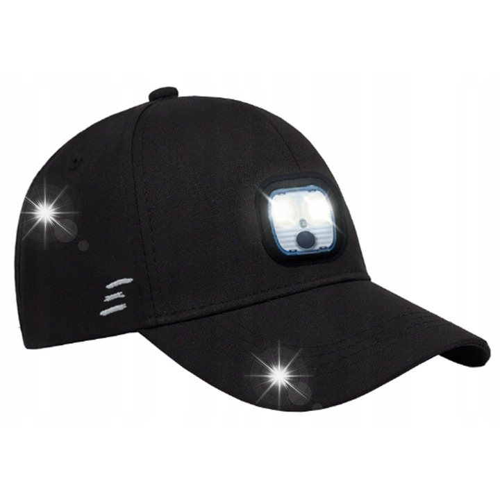 Спортна шапка с LED фенер, Webski, 4 диода, USB зареждане, черна, универсален размер