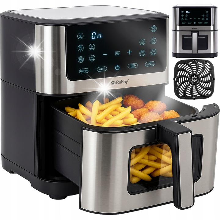 RUHHY AIR FRYER 8L olajmentes fritőz, fekete ezüst részletekkel, 10 automata program, LED érintőpanel
