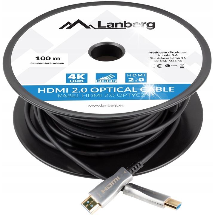 Кабел HDMI Lanberg, 100м, оптичен, резолюция 3840x2160, черен