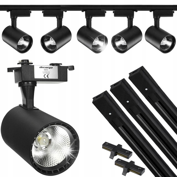 Комплект 5 рефлектора за шина 30W, Decorya, черен цвят, 3м, топло бяла светлина