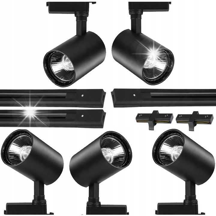 Комплект от 5 релсови прожектора, Decorya, 30W, черен цвят, 3м, студена бяла светлина