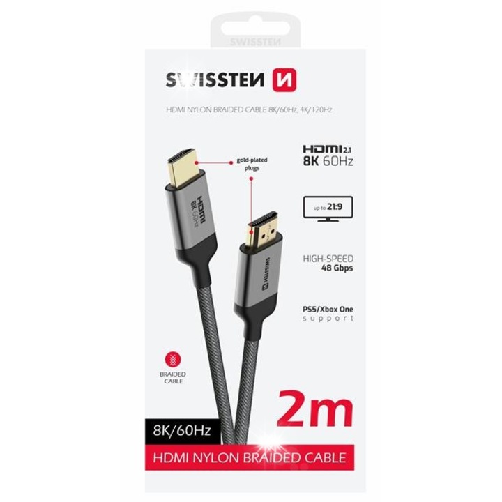 Кабел HDMI Swissten, 8K 60Hz 2м, 48 Gb/s, найлон, съвместим с PS5/Xbox One