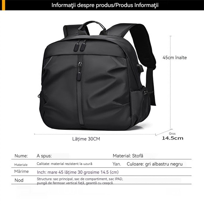 Rucsac laptop multifunctional impermeabil negru 15.6", 45x30x14.5 cm, spatios, unisex