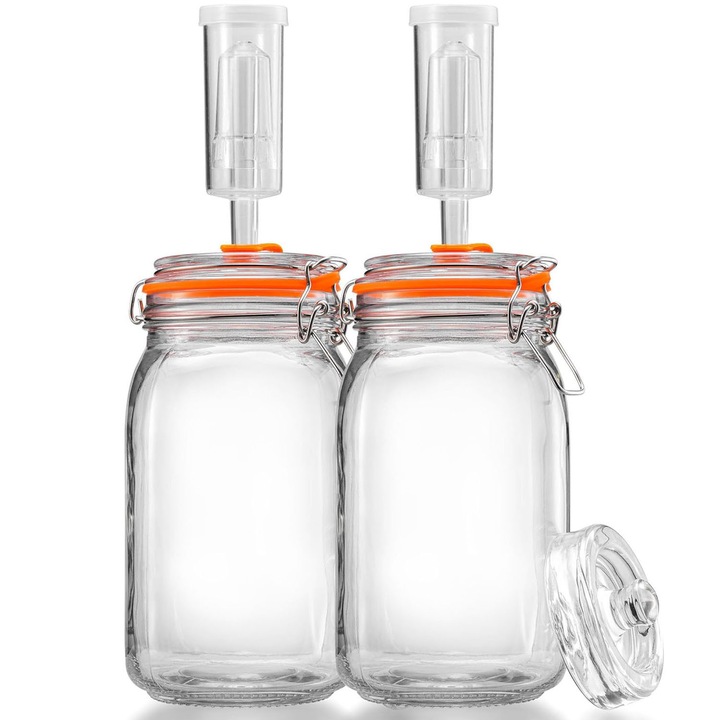 Set 2 Borcane Fermentare Bedee, 1.5L, Cu Greutati, Transparent, 10x25cm, kit de fermentare pentru varza murata, kimchi, kombucha si muraturi