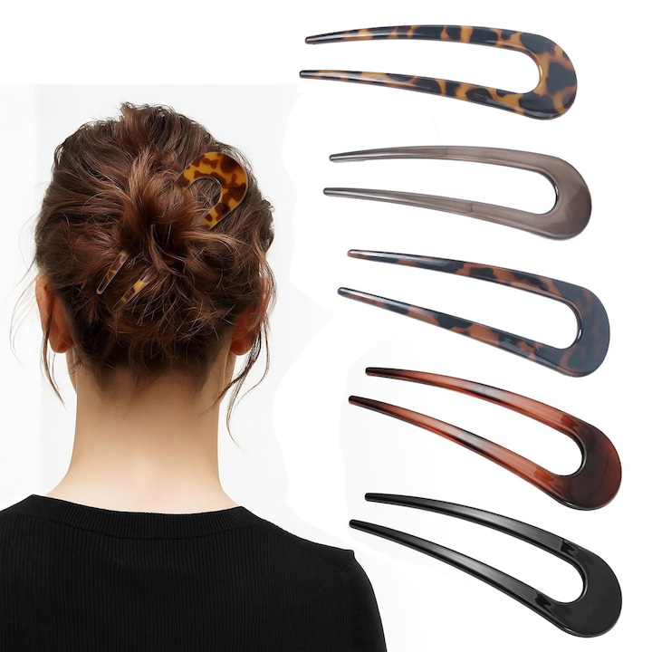 DUAIU 5 buc ace de par franceze in forma de U cu model carapace de broasca testoasa, 2 betisoare de par din acetat, ace de coc pentru femei, accesorii de coafura, Multicolor