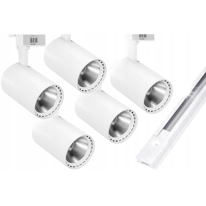 Комплект 5 LED прожектора, 30W, бял, 1м, с монтажна шина