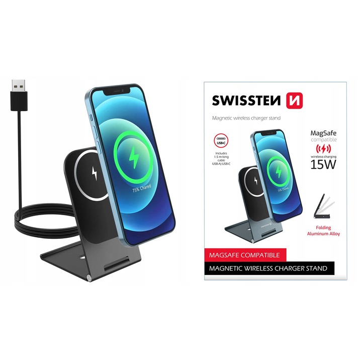 Incarcator wireless cu MagSafe, Swissten, ultra subtire, 15W, alb, 128x70x8.5mm, cu cablu USB-A/USB-C 1.5m