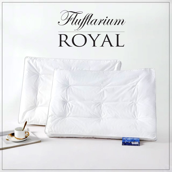 Perna Flufflarium Royal 50x70 cm, 2 Kamrás Libapehely és Toll, Közepesen kemény, 100% Pamut Percale, Fehér