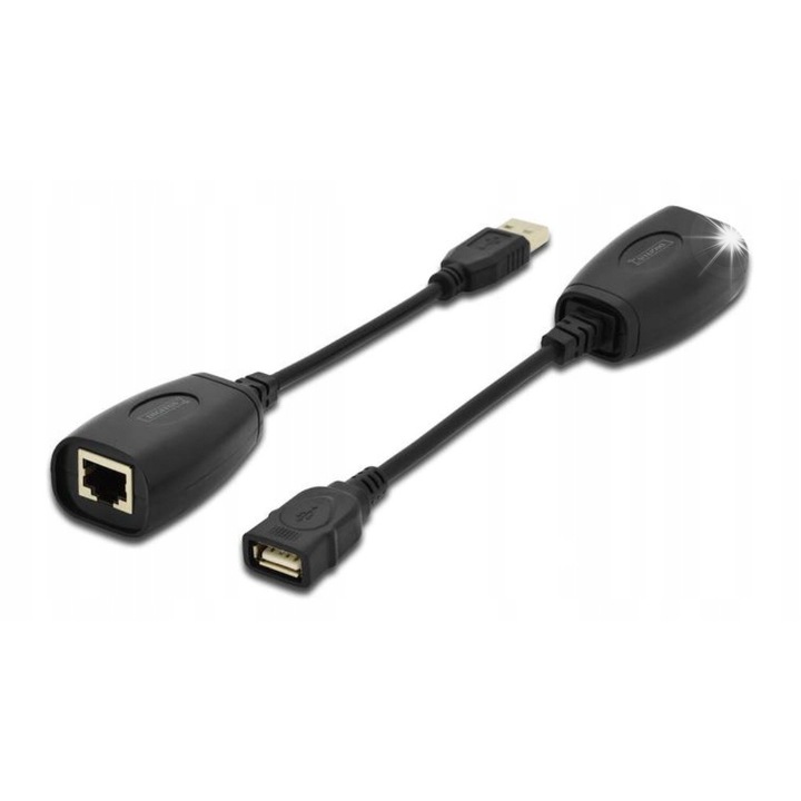Удължителен кабел USB-Cat 5e/6 UTP, Digitus, 1.1, черен