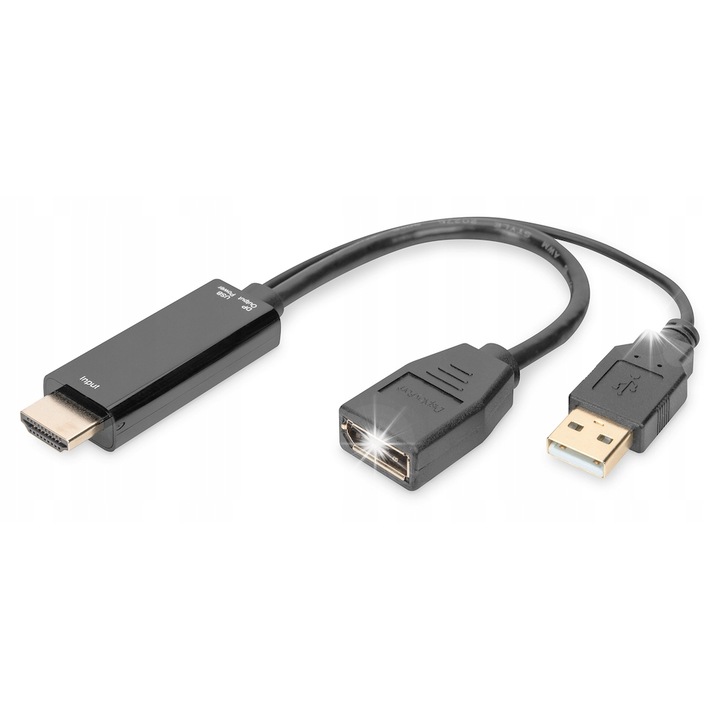 Кабел HDMI към DisplayPort Digitus, 4K 30Hz, 20см, USB захранване