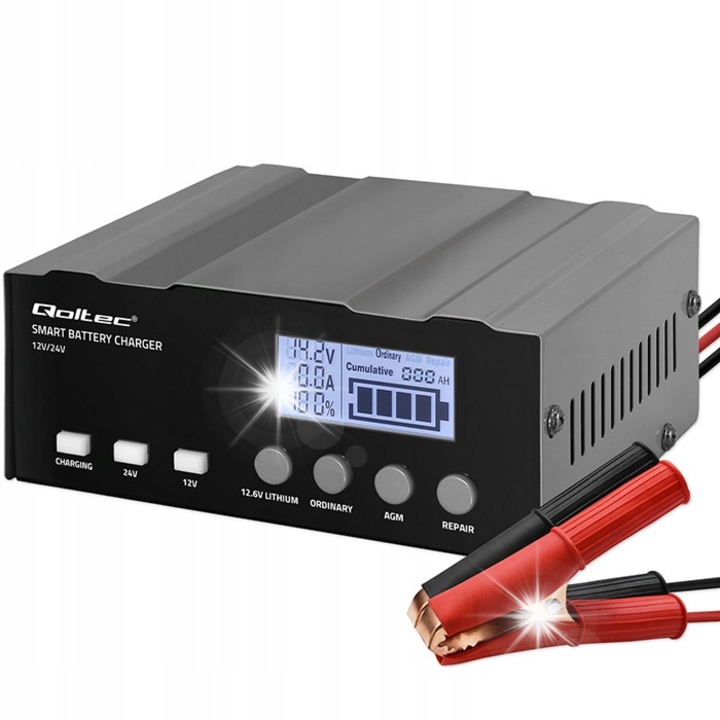 Qoltec intelligens töltő 12V/24V, 4 töltési fokozat, LCD, 135x172x72mm