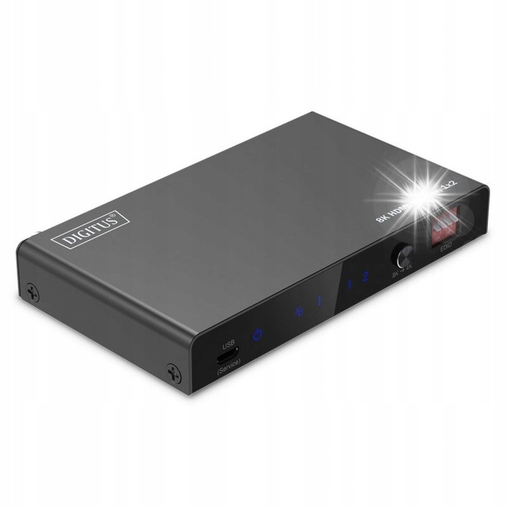 Сплитер HDMI 1x2, 8K/60Hz DIGITUS, HDR, 48 Gbps, черен, 12,2x7,1x1,8cm, със захранващ адаптер