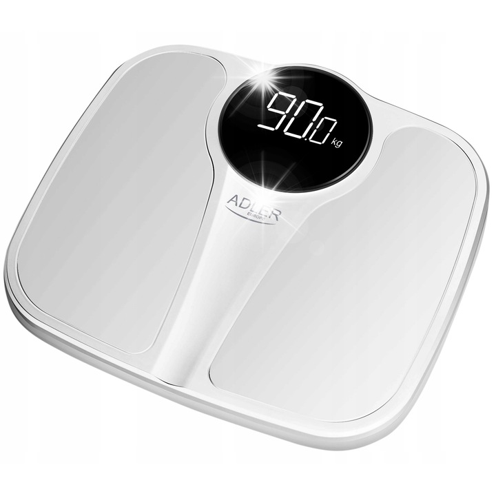 Кантар за тяло Adler, модел AD 8172, капацитет 180кг, прецизност 100г, бял, 34x31см