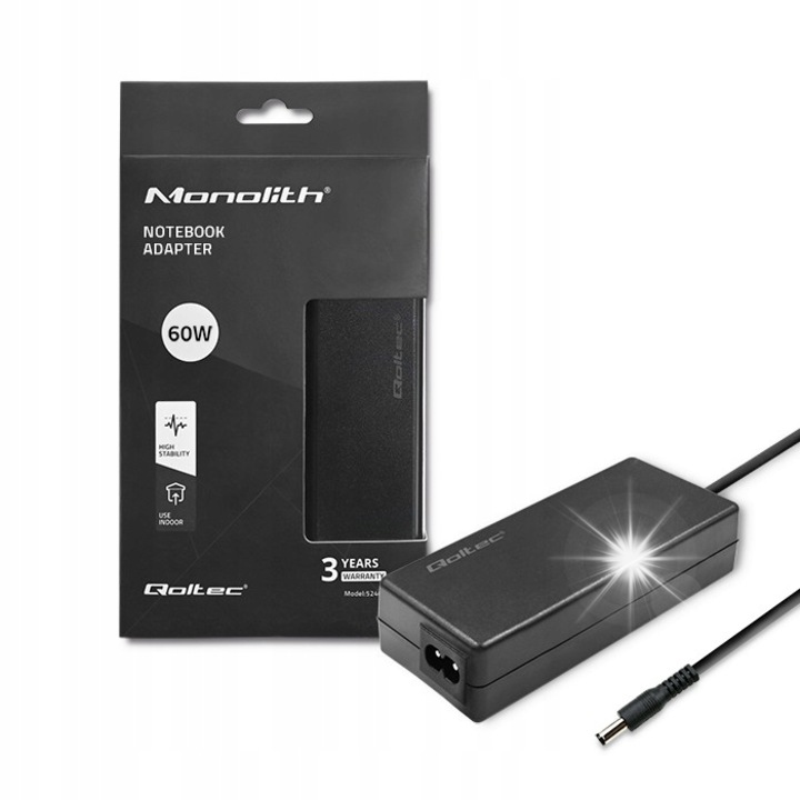 Qoltec 60W töltő, 12V, 5A, 5.5x2.5mm, tápkábellel