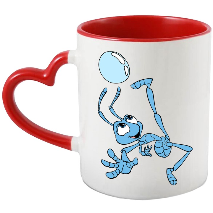 Cana Cu A Bug’s Life – Personaje Disney Vesel, Cadou Magic si Inspirat, Ceramica, 330ML, Cu Maner Inima Rosie si Interior Rosu