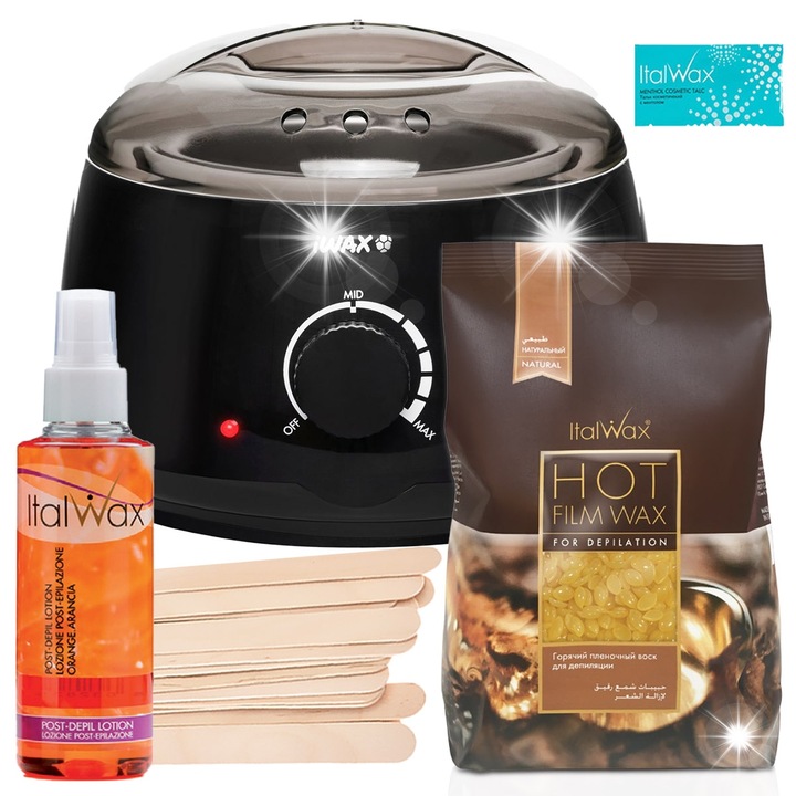 Комплект за депилация ItalWax, 250гр твърда вакса, 100мл лосион, 10 шпатули, нагревател за вакса, черен