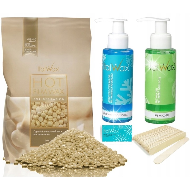 Комплект за епилация ItalWax, твърда вакса, 500гр, 50 шпатули, гел преди и след епилация 100мл, 3гр козметична пудра