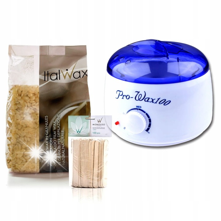 Комплект за депилация ItalWax, професионален нагревател PRO-WAX 100, кола маска 1 кг, 100 дървени шпатули, 3 г ментолова пудра