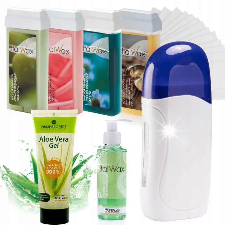Комплект за депилация ItalWax с 4x100ml ролкова кола маска, нагревател, 100 ленти и препарат преди депилация, гел алое вера 230ml