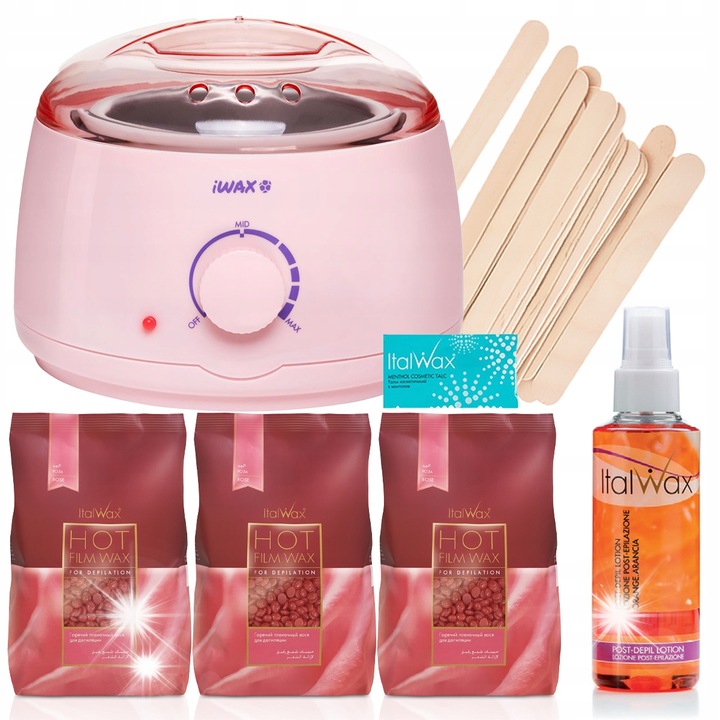 Комплект за депилация ItalWax, 3x100g твърда розова вакса, нагревател 400-500ml
