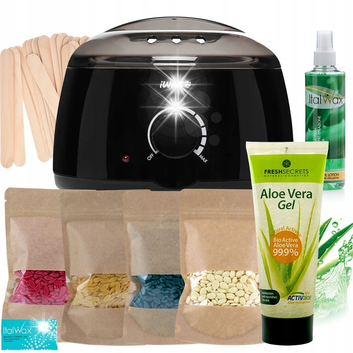 Комплект за депилация Italwax, Апарат за кола маска, 4x100g твърда кола маска, шпатули, 230ml гел от алое вера, 3g козметична пудра
