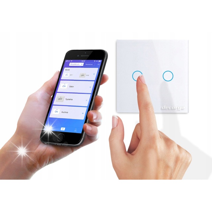 WiFi-s kapcsoló, Decorya, fehér, 2 csatornás, üveg, 86x86x36mm